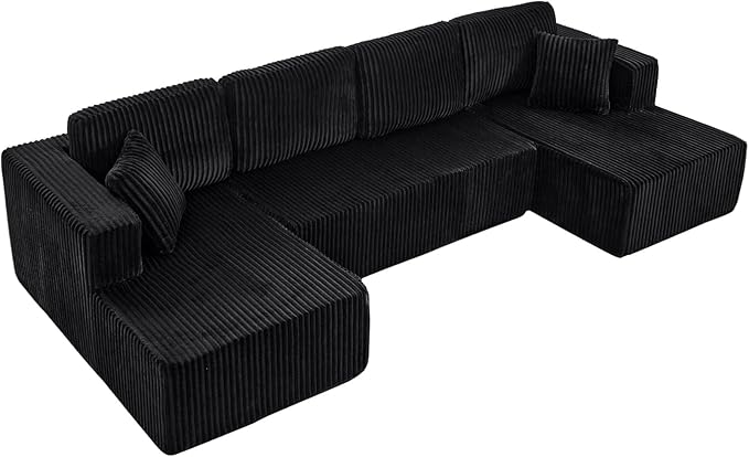 HYJT-H&K Modular Sectional Sofa Cloud Secttional Couch, 132" Comfy U Shaped Couches for Living Room, Deep Seat Memory Foam Fluffy Plush Corduroy Boneless Couch Sectionals with Chaise, Black