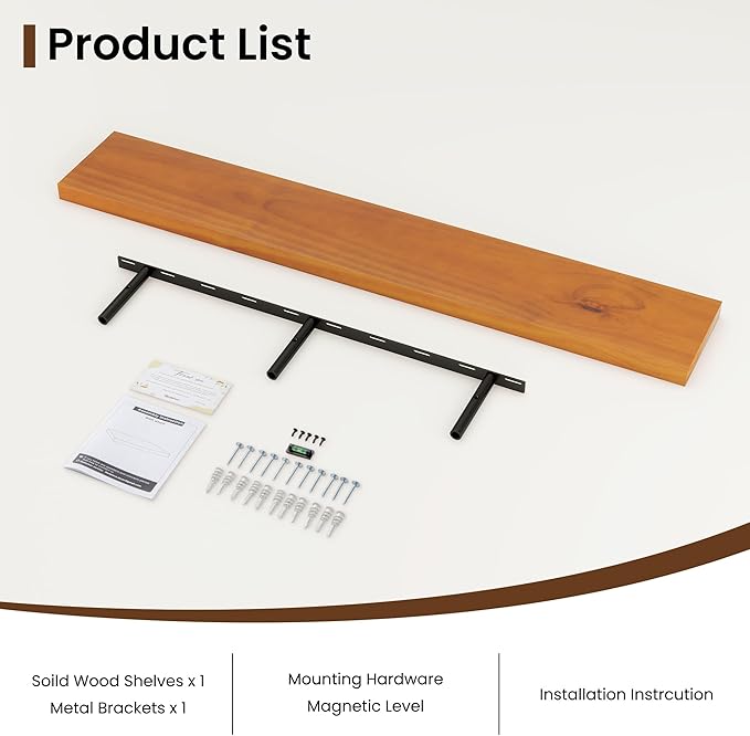 Light Brown Wooden Floating Wall Shelves 48 Inches Long x 8”x 1.4” Shelf Floating Rustic Farmhouse Decor, Heavy Duty Shelf Hold 100 lbs, Wall Shelves for Bathroom Living Room Kitchen Bedroom Office