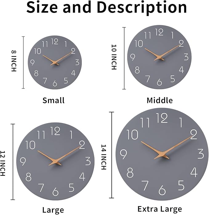 Mosewa Wall Clock 12 Inch Gray Silent Non Ticking Battery Operated Modern Simple Wooden Clock Decorative for Kitchen Home Bedroom Bathroom Office Living Room