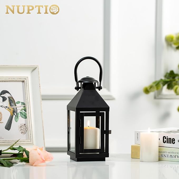 Nuptio Garden Lanterns for Candles, 20cm/7.87in Tall Vintage Style Pillar Candle Holder, Metal Halloween Candle Holders, Hanging Decorative Candle Lanterns for Wedding Christmas Parties Indoor Outdoor