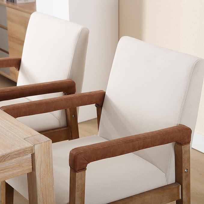 Mid Century Modern Dining Chairs Set of 4 Fabric Upholstered Living Room Side Chair, Kitchen Arm Chair with Solid Wood Legs for Home Restaurant, Linen White