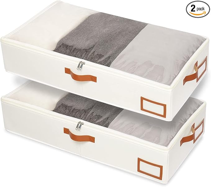 Yawinhe Under Bed Storage, 2 Pack Closet Organizers, Collapsible Container Bags, with Sorting Card Slot and 4 Leather Handles, for Blanket, Bedding, 23.6''Lx11.8''Wx6''H, Beige
