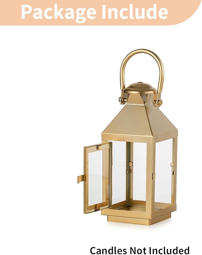 NUPTIO Gold Lanterns Decorative Indoor: 8.6 Inch Tall Metal Lantern with Glass for Pillar Candle - Fireplace Decor for Christmas Home Living Room Mantle Porch Wedding