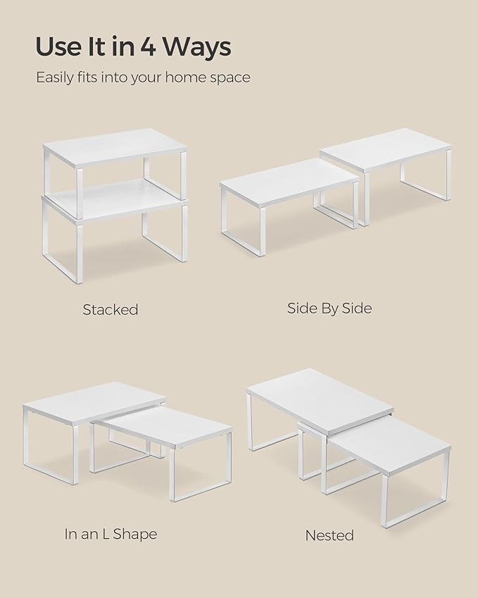 SONGMICS Cabinet Organizer Shelf, Set of 2 Kitchen Counter Shelves, Kitchen Storage, Spice Rack, Stackable, Expandable, Metal and Engineered Wood, Cloud White and Snow White UKCS02W01