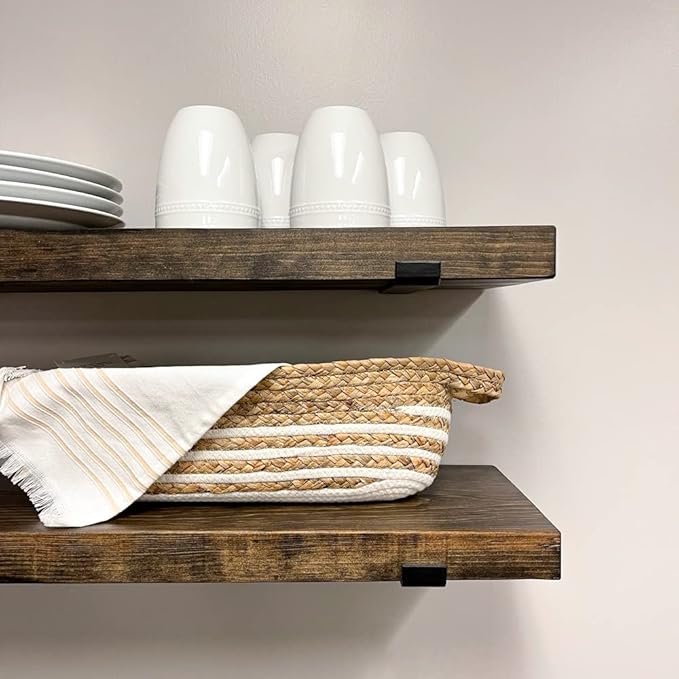 Rustic Shelves with J-Brackets Set of 2, Industrial Shelf, Kitchen Shelves, Solid Wood, Decorative Wall Storage, Heavy Duty, URBANDI (Dark Brown, 36Wx10D)