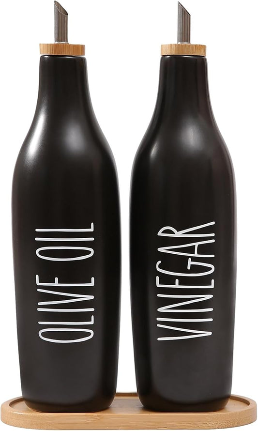 HOMCDALY Olive Oil and Vinegar Dispenser Set, Ceramic Oil and Vinegar Bottles with Bamboo Tray, 16.9oz Kitchen Cruet - Set of 2 - Black