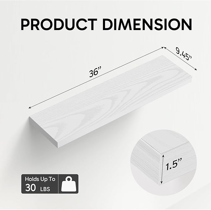 BAYKA Floating Shelves for Wall, 36 inches Wall Mounted Rustic Wood Shelves for Bathroom, Bedroom, Living Room, for Storage/Decor with 30lbs Capacity๏ผWhite,Set of 3