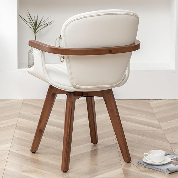 LUNLING Swivel Dining Chairs Set of 4, Mid Century Modern White Faux Leather Kitchen Chairs with Arms,Bamboo Legs Side Chairs No Wheels,Accent Chair for Dining Rooms and Offices