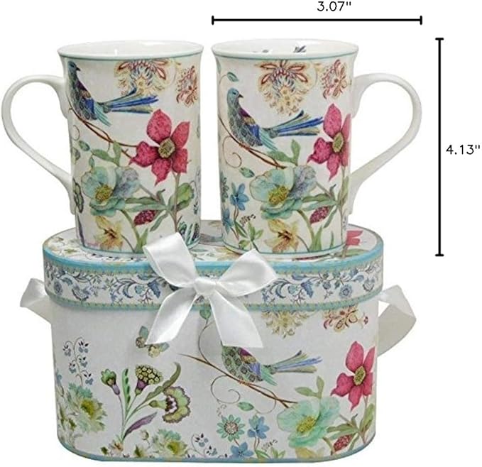Lightahead Elegant Bone China Two Coffee Mugs set in Blue bird design 11.2 oz each cup in attractive gift box
