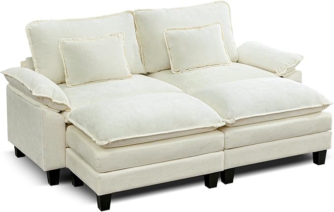 URRED Modular Sectional Sofa Comfy Cloud Couch, Modern Chenille Sofa Sleeper Deep Seat Couches with Ottoman/Pillows for Living Room (White, 82.6''- 2 Ottomans)