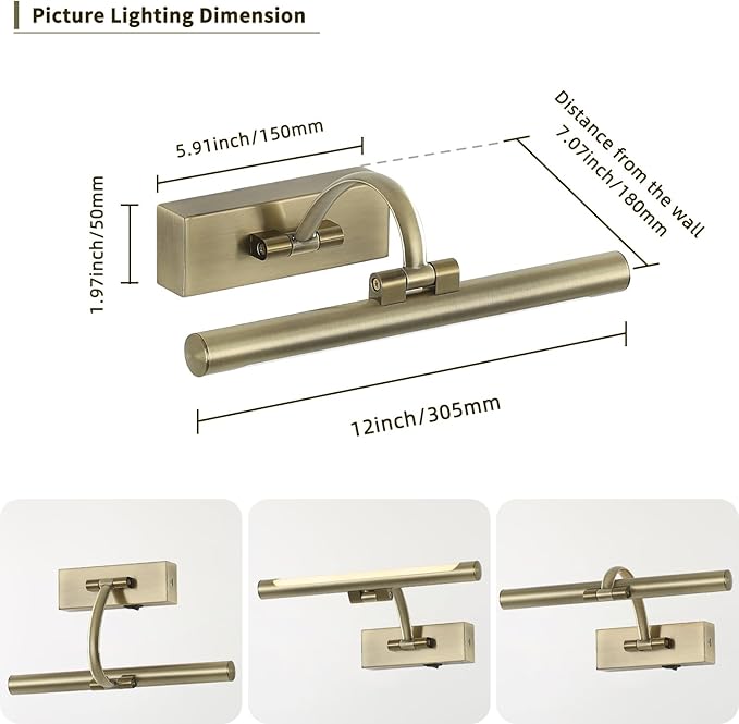 Wireless Picture Lights Rechargeable Gallery Lighting Battery Picture Frame Light with Remote and Timer, Adjustable Art Light for Paintings, Portraits, Antique Bronze Finish 12'' Inch 2W 2700K