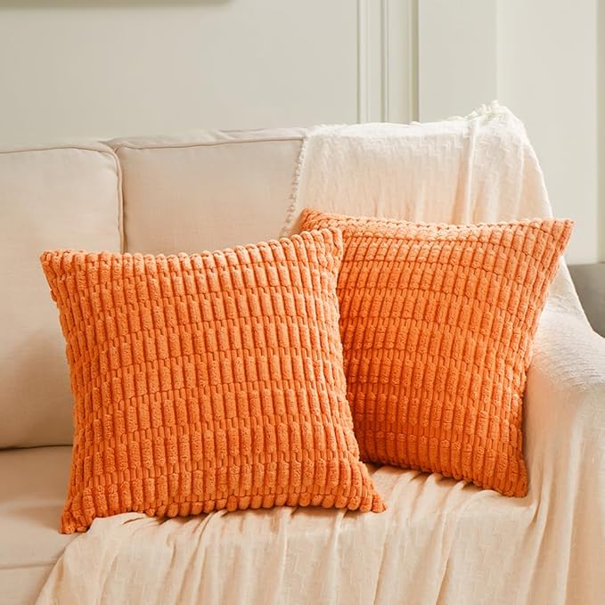 Fancy Homi 4 Packs Orange Fall Decorative Throw Pillow Covers 14x14 Inch for Couch Bed Sofa, Halloween Pumpkin Autumn Home Decor, Soft Cute Plush Corduroy Striped Cushion Case 35x35 CM