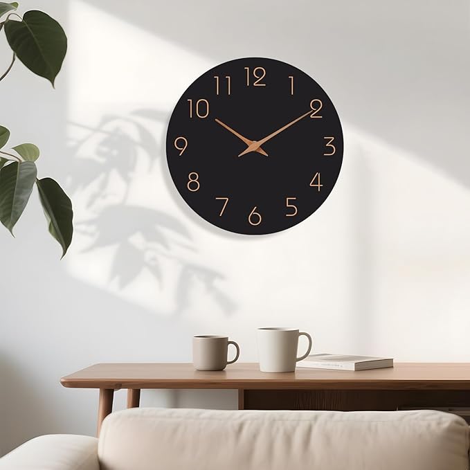 Mosewa Wall Clock 8 Inch Black Battery Operated Silent Non Ticking Simple Minimalist Rose Gold Numbers Decorative for Bedroom Living Room Kitchen Home Bathroom Office