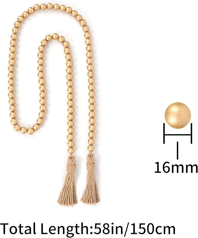 58in Wood Bead Garland with Tassels, Farmhouse Rustic Country Decor Prayer Boho Wall Hanging Decoration (Gold)