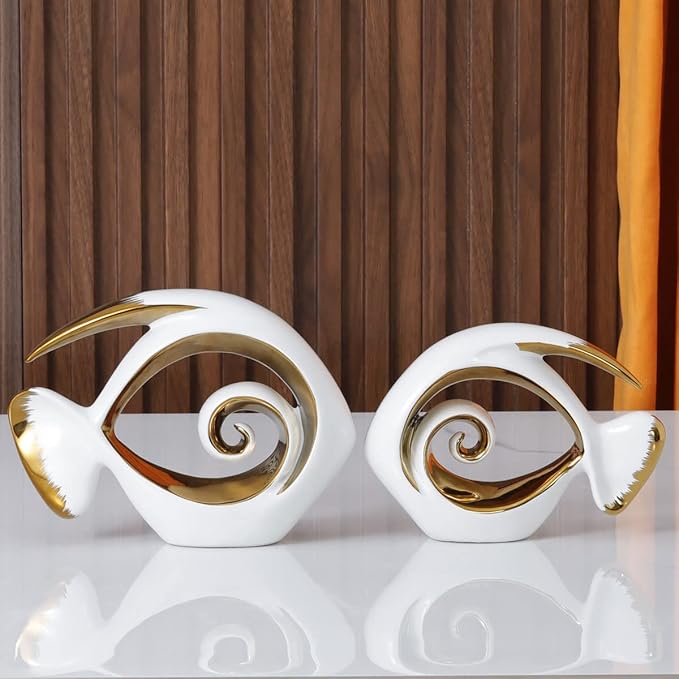 White Gold Ceramic Fish Figurines - Coastal Home Decor, Modern Ocean Centerpieces for Living Room, Dining Area, Bathroom, Office, Coffee Table, Beach House, Nautical, Seaside, Entrance, Shelf Display