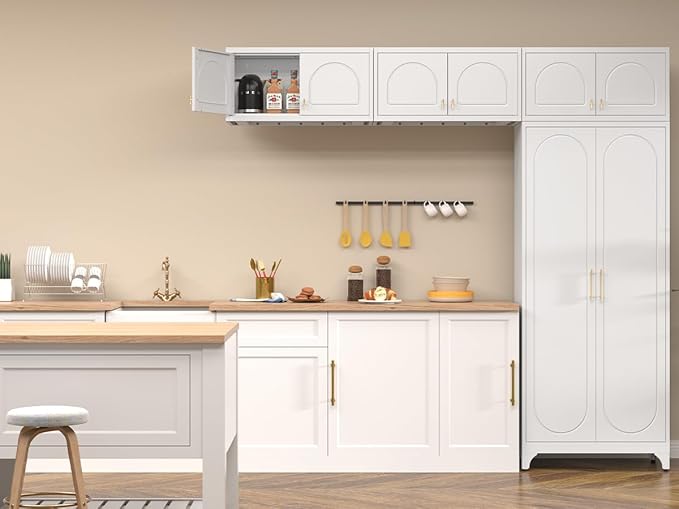 Kitchen Pantry Cabinet, 90" Tall Metal Pantry Cabinet, Food Cupboards with Doors and Shelves, Freestanding Storage Cabinets for Dining, Living Room, 16"D x 32"W x 90"H, White, Assembly Required