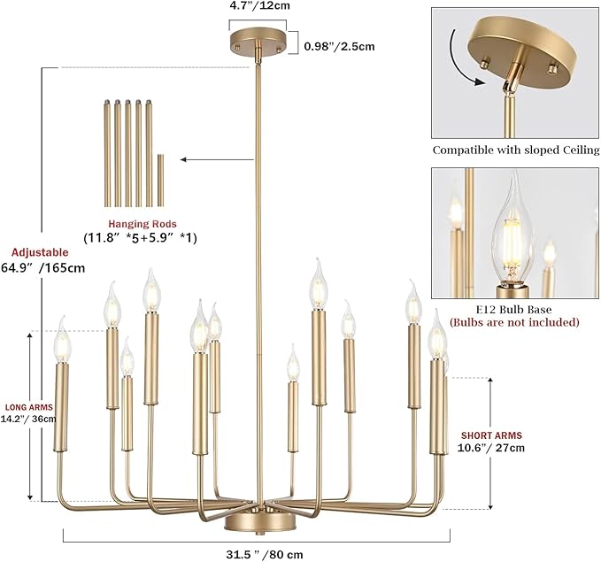 Modern Gold Farmhouse Chandeliers, 12-Light Industrial Metal Chandelier Lighting, Classic Candle Hanging Pendant Light Fixtures for Kitchen, Dining Room, Living Room, Entryway