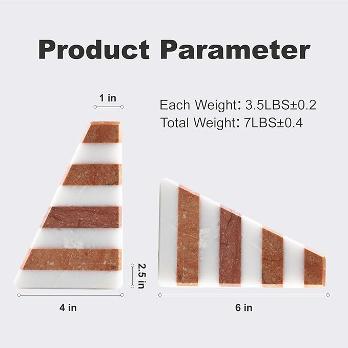 Marble Book Ends, Non-Skid Bookends for Shelves, Composite Bookend with Natural Stone, Heavy Duty Book Stopper, Collected CDs and Oversized Books Organizer, White & Red Decorative Bookends