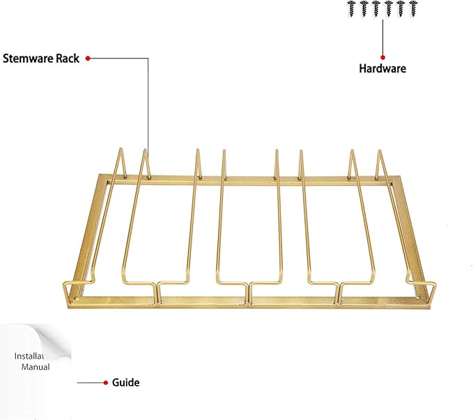 Wine Glass Rack Under Cabinet - Stemware Holder Metal Wine Glass Organizer Glasses Storage Hanger for Bar Kitchen Gold 4 Rows