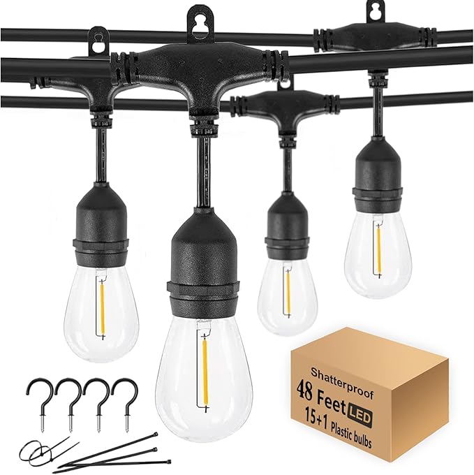 48FT Outdoor String Lights LED Heavy-Duty Waterproof Patio Lights with 16 Shatterproof Plastic 2200K Warm White Bulbs for Patio Gazebo Pergola Cafe Market Bistro