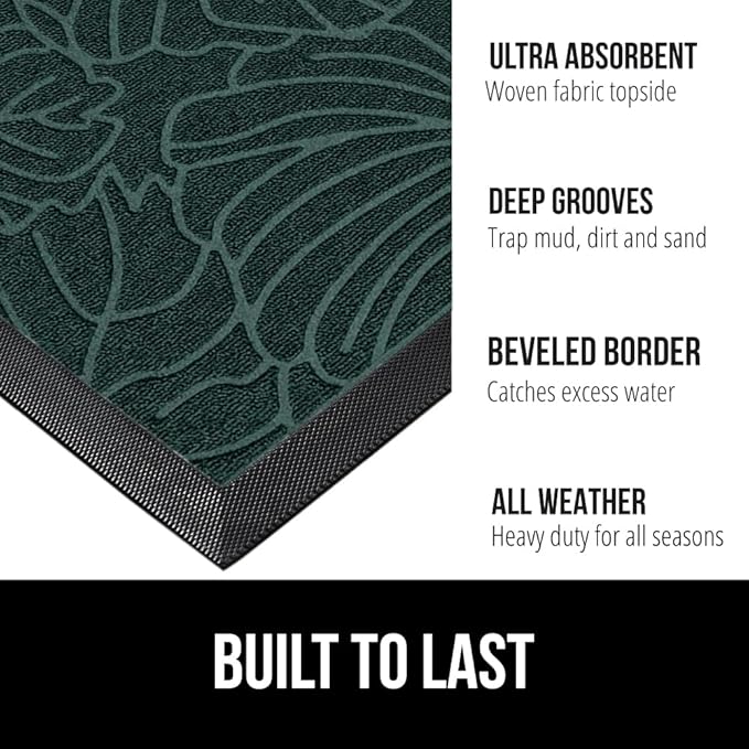 GORILLA GRIP 100% Waterproof All-Season WeatherMax Doormat, 47x35, US Designed Natural Rubber, Stain and Fade Resistant, Low Profile Indoor Outdoor Door Mats, Easy Clean Patio Mat, Green Palm