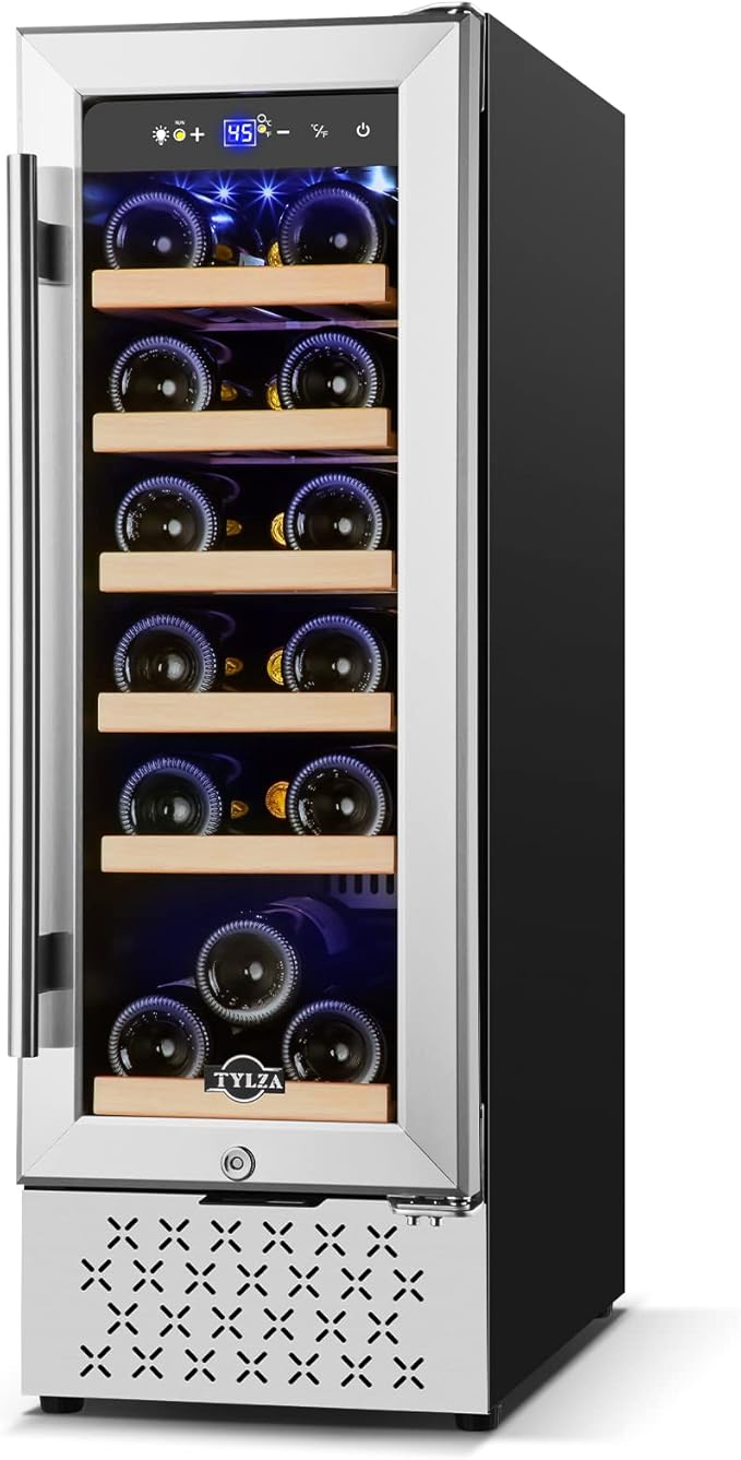 Tylza 12" Wine Cooler Refrigerator, 18 Bottle Wine Fridge Built-in or Freestanding with Stainless Steel & Double-Layer Tempered Glass Door, Compressor Fast Cooling, Low Noise and No Fog, Mini Fridge