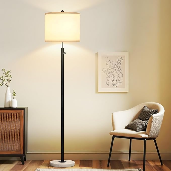 Nintiue Dimmable Floor Lamp for Living Room, 11W LED Bulb Included, Modern Standing Lamp with Marble Base, Tall Pole Light with White Linen Shade for Bedroom Reading Office Corner Nursery-Black