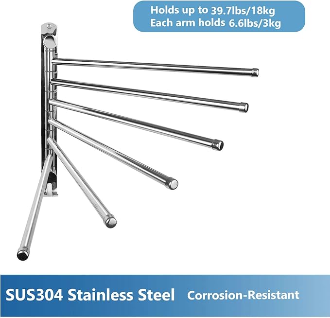 Towel Rack Wall Mounted JSVER Bathroom Towel Rack, Space Saving Towel Holder, Swivel SUS304 Stainless Steel Towel Bar, 180° Rotation 6 Arms Towel Racks for Bathroom