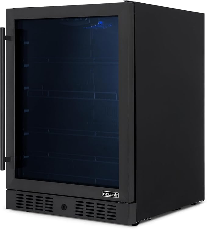 Newair 24" Beverage Refrigerator 177 Can Capacity, Black Stainless Steel Mini Fridge with Built-in Cooler and Glass Door, Cool your Soda, Beer, and Beverages to 37F