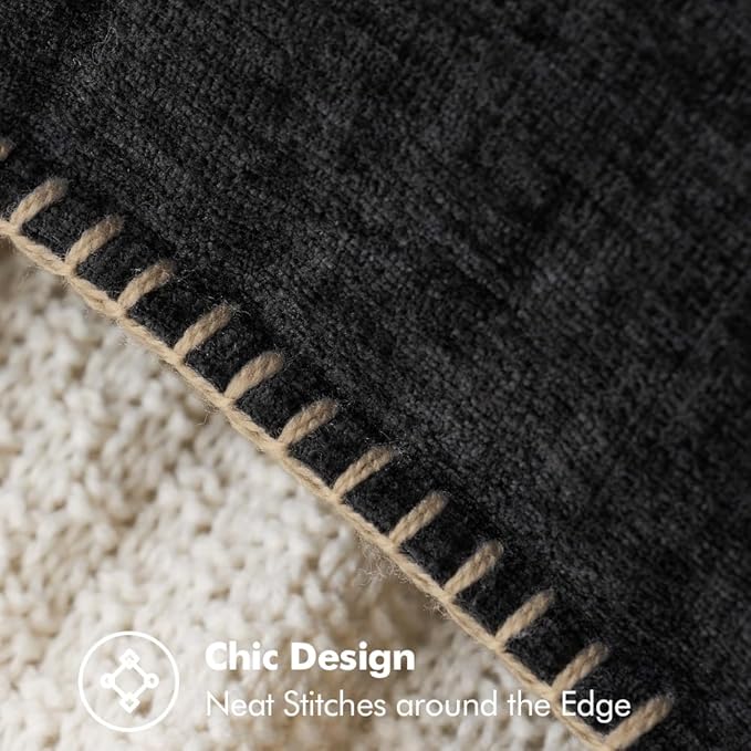 MIULEE Pack of 2 Couch Throw Pillow Covers 12x20 Inch Black Farmhouse Decorative Pillow Covers with Stitched Edge Soft Chenille Solid Dyed Spring Pillow Covers for Sofa Bed Living Room