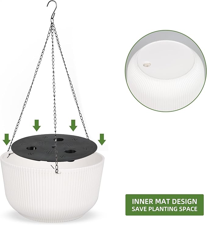 Dexceder 9.8 Inch Self Watering Hanging Planters Indoor Outdoor, Thickened Hanging Basket Flower Plant Pot (2 Pack, White)
