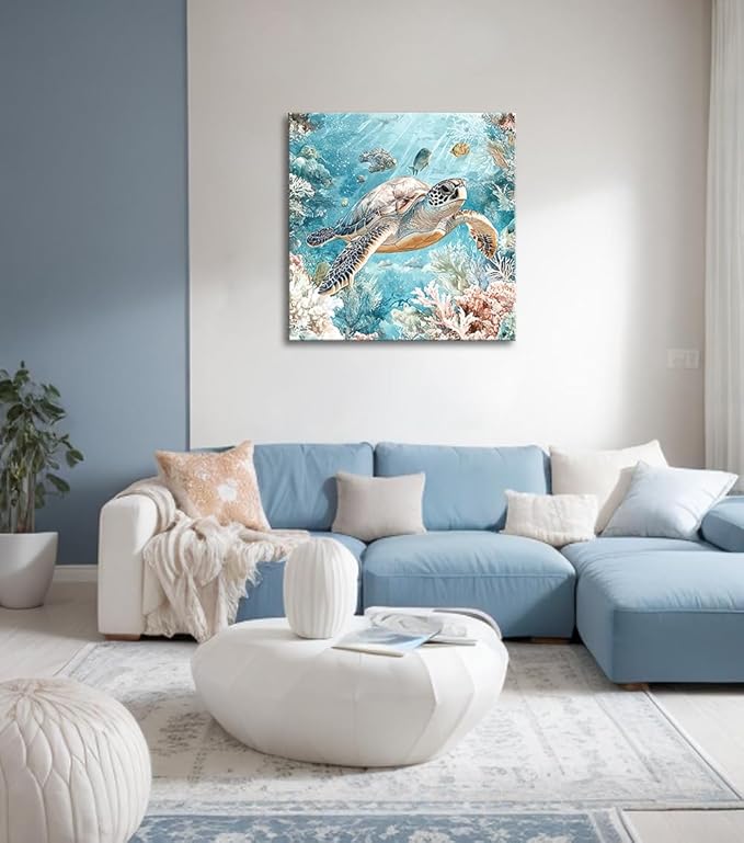 Sea Turtle Bathroom Wall Decor Ocean Theme Framed Canvas Wall Art Coastal Nautical Prints Picture Watercolor Coral Marine Life Painting for Kid Bedroom Living Room Home Decoration 14x14”
