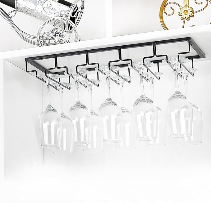 Wine Glass Rack - Under Cabinet Stemware Wine Glass Holder Glasses Storage Hanger 1 Pack Metal Organizer for Bar Kitchen 5 Rows Black