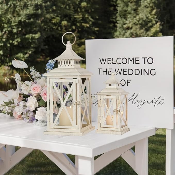 NEEDOMO Lanterns Decorative Outdoor&Indoor, Set of 4 (14"&10") Beige Metal Lantern Decor with Glass, Candle Holder for Porch, Patio, Garden, Balcony, Wedding, Table Centerpiece