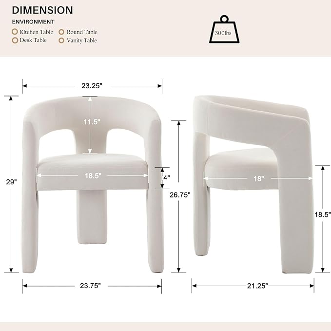 White Chenille Dining Chairs Set of 2, Modern Barrel Dining Room Chairs Upholstered Accent Chair with Arms and Round Back for Living Room Kitchen Armchair No Assembly Needed
