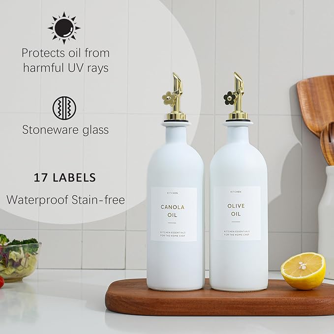 HOMCDALY Olive Oil Dispenser for Kitchen, 16oz Glass Oil Bottles with Bamboo Tray, Gold Oil&Vinegar Cruet Set, Kitchen Dispenser Bottles with Pourer | Set of 2 (16oz – Gold)