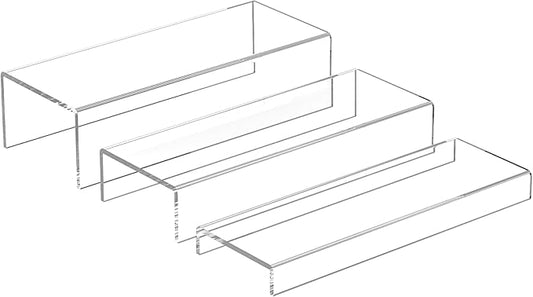 Rectangular Acrylic Display Risers Stands 3pcs, Dessert Table Display Rack, Clear Display Shelf for Funko Pop, Collectibles, Retails, Shoes, Glasses, Plants, Home Decors, Perfume - 12-1'', 2'', 3''