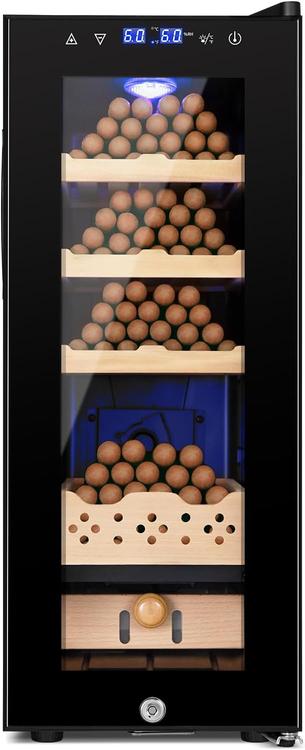 Electric Cigar Humidor, 35L 250 Counts Large Capacity Thermostatic Desktop Humidor Cabinet with Digital LED Screen, Safety Lock,Smart Humidity & Temp Control, Gifts for Men