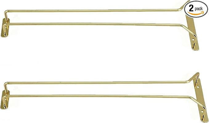 TrueCraftware- 16-Inch Wine Glass Rack Brass Finish Set of 2- Stemware Rack Wire Hanging Rack Under Cabinet Wine Glass Stemware Holder Glass Storage Hanger Organizer for Kitchen and Bar