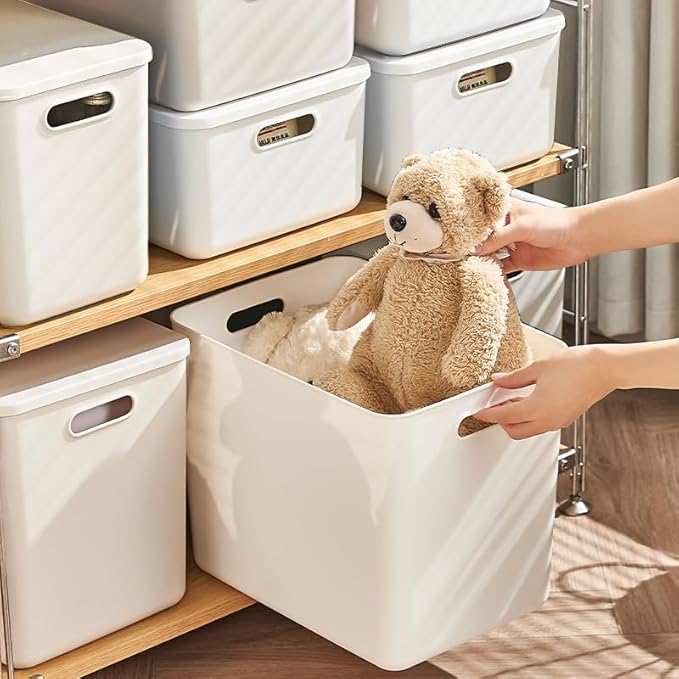 4 pack large plastic White storage bins Baskets, Toy Box Chest with Lids and Handle,Organizer Containers for Baby,Kids,snacks,Nursery,Shelves,Playroom, Bedroom,Office,Closet,home