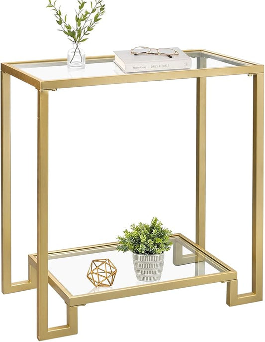 2 Tier Rectangular Side Table, Gold End Table with Glass Top, Modern Metal Clear Coffee Table,Small Accent Table for Living Room, Bedroom, 22" x 12.4" x 24"