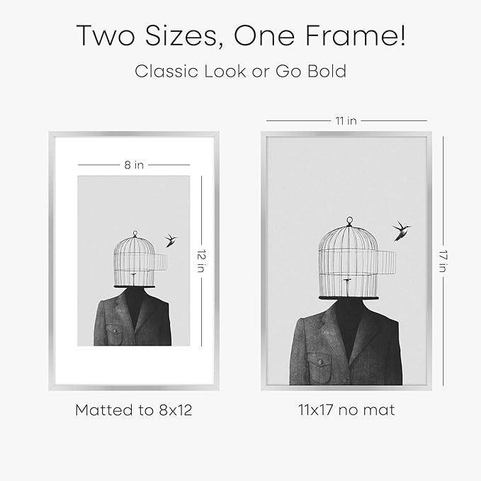 Homeforia 11 x 17 Frame Silver, High End Metal 11x17 Picture Frames with Mat 8x12 for Photo, 11 x 17 Silver Poster Frame Matted to 8 x 12 Print, 17x11 Hanging Frame, Tempered Glass, Wall Kit, Set of 1