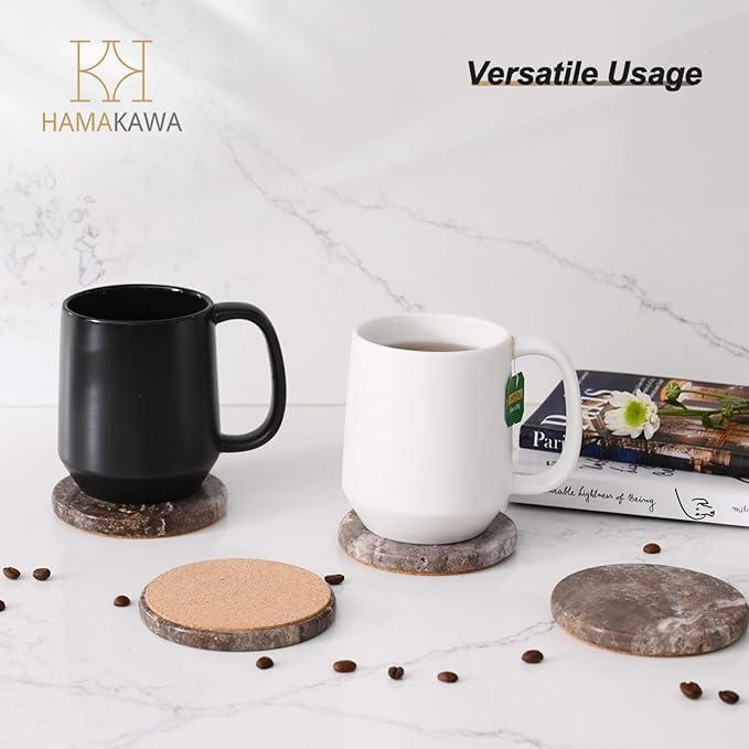 Marble Coasters Set of 4, Natural Gray Stone 4 Inch/10 cm, Modern Round Travertine Drink Coasters for Home Decor, Coffee Table, Office