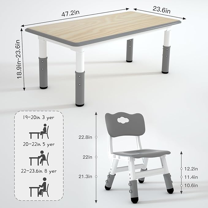 Kids Study Table and 4 Chairs Set,Height Adjustable Table and Chairs for Children and Toddlers,47.2"X23.6"Graffiti Desktop,Suitable for Daycare,Classrooms, Home