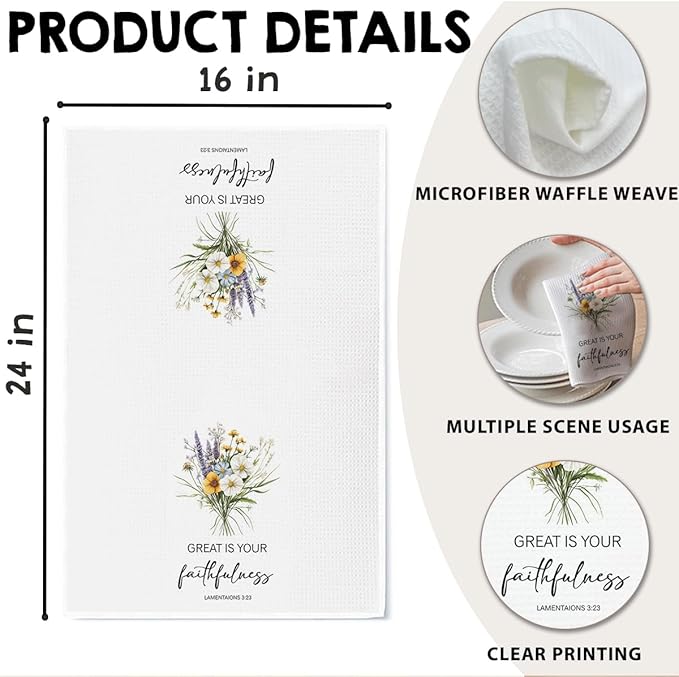 Christian Kitchen Towel, Waffle Weave Microfiber Scripture Hand Towel, Great is Your Faithfulness Bible Verse Farmhouse Decor for Kitchen Bathroom, Inspirational Gift for Women