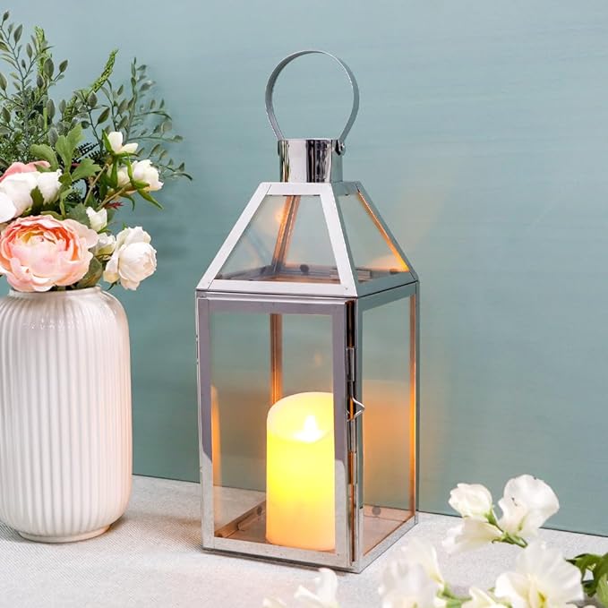 JHY Design Silver Decorative Lanterns 16inch High Stainless Steel Candle Lanterns with Tempered Glass for Indoor Outdoor Events Parities and Weddings