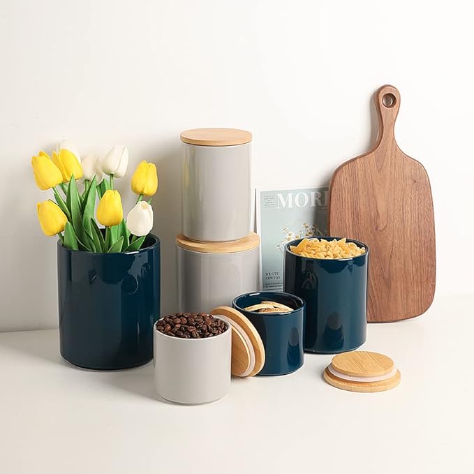 Sweejar Ceramic Kitchen Canister Sets, Porcelain Container for Countertop, Heavy Food Storage Jars with Airthight Seal Bamboo Lid, Servering for Sugar, Coffee Beans, Tea Leaves, Pack of 4(Gray)