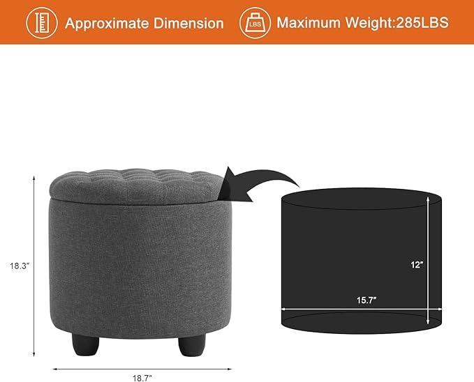 Furniliving 18.7inch Storage Round Ottoman, Footstools with Hidden Storage with Removable Lid, Stylish Button Tufted Design Ottoman Foot Stools for Living Room, Bedroom,Darkgrey