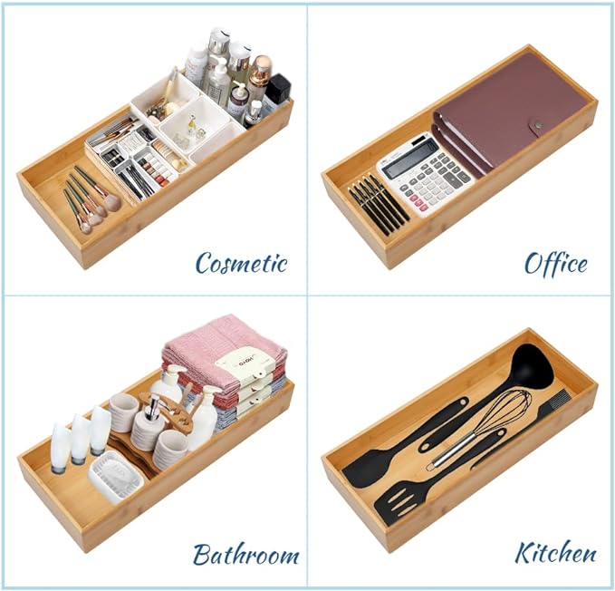 Bamboo Drawer Organizer - Kitchen Utensil Organizer Silverware Tray Cutlery Holder,Office Desk Supplies and Accessories (12x5.9x2.6 inch)