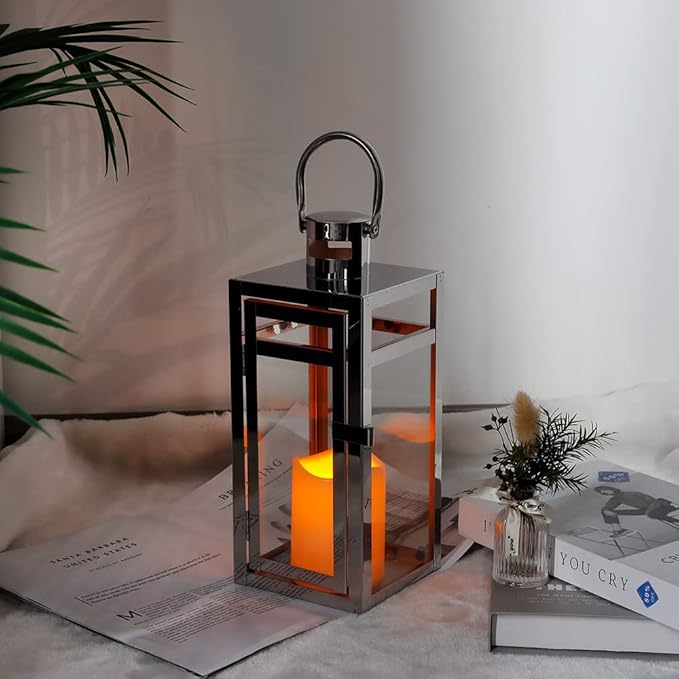 TRIROCKS Stainless Steel Decorative Lantern 12'' High Metal Hanging Lantern with Clear Glass Panels Perfect for Home Decor Living Room Parties Events Tabletop Indoors Outdoors (Silver)